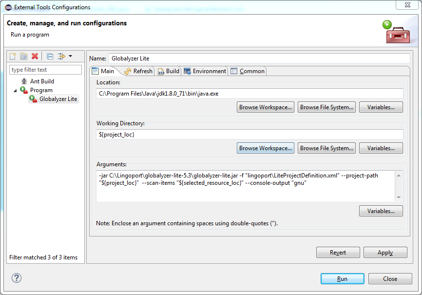 Task for scanning the selected file or directory with Globalyzer Lite in Eclipse