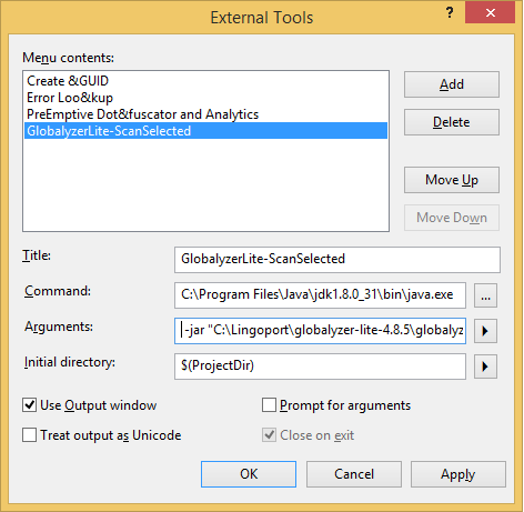 Task for scanning the selected file or directory with Globalyzer Lite in Visual Studio